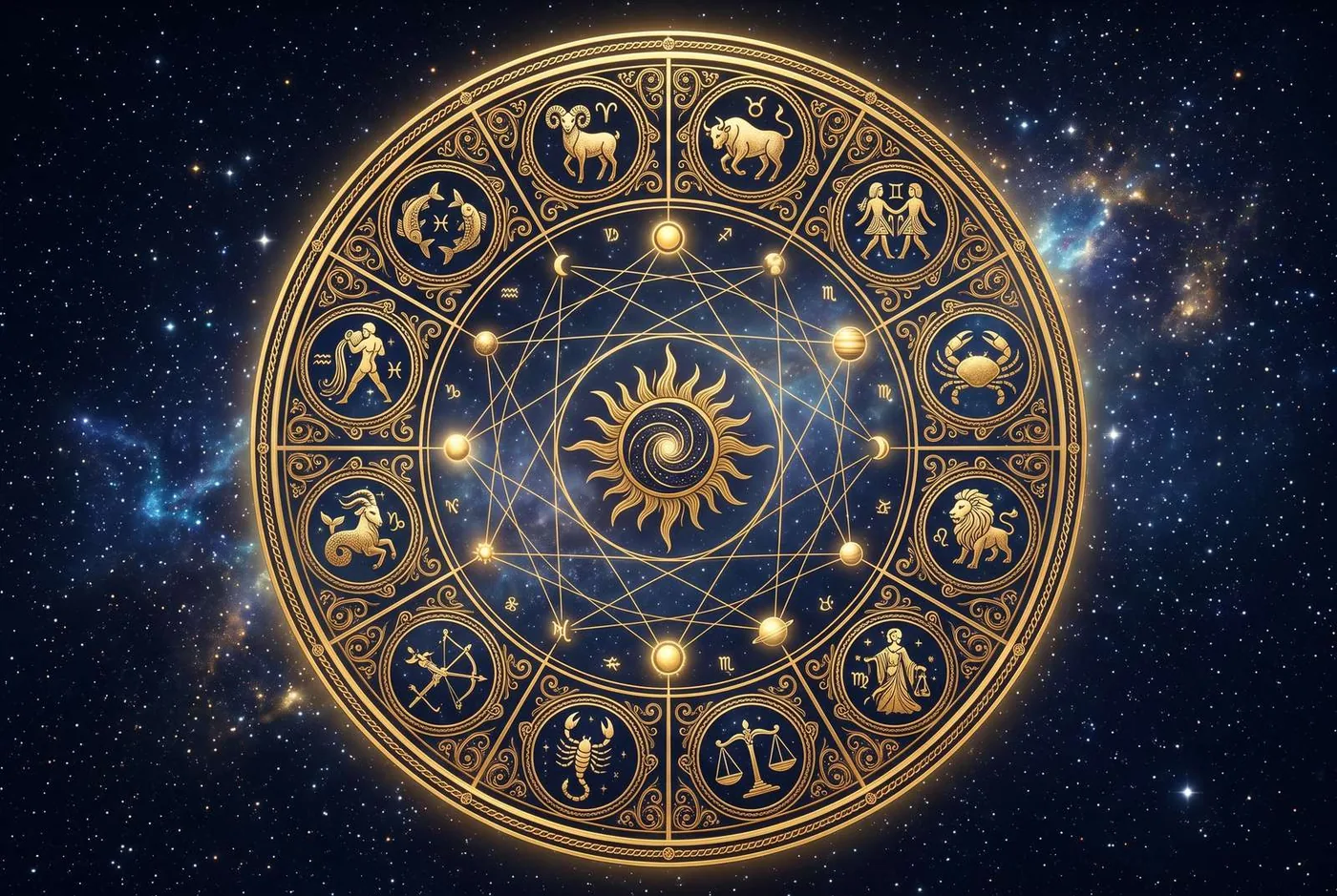 Kosmogramm: das goldene zodiakale Rad mit den Tierkreiszeichen und Aspektlinien am Sternenhimmel