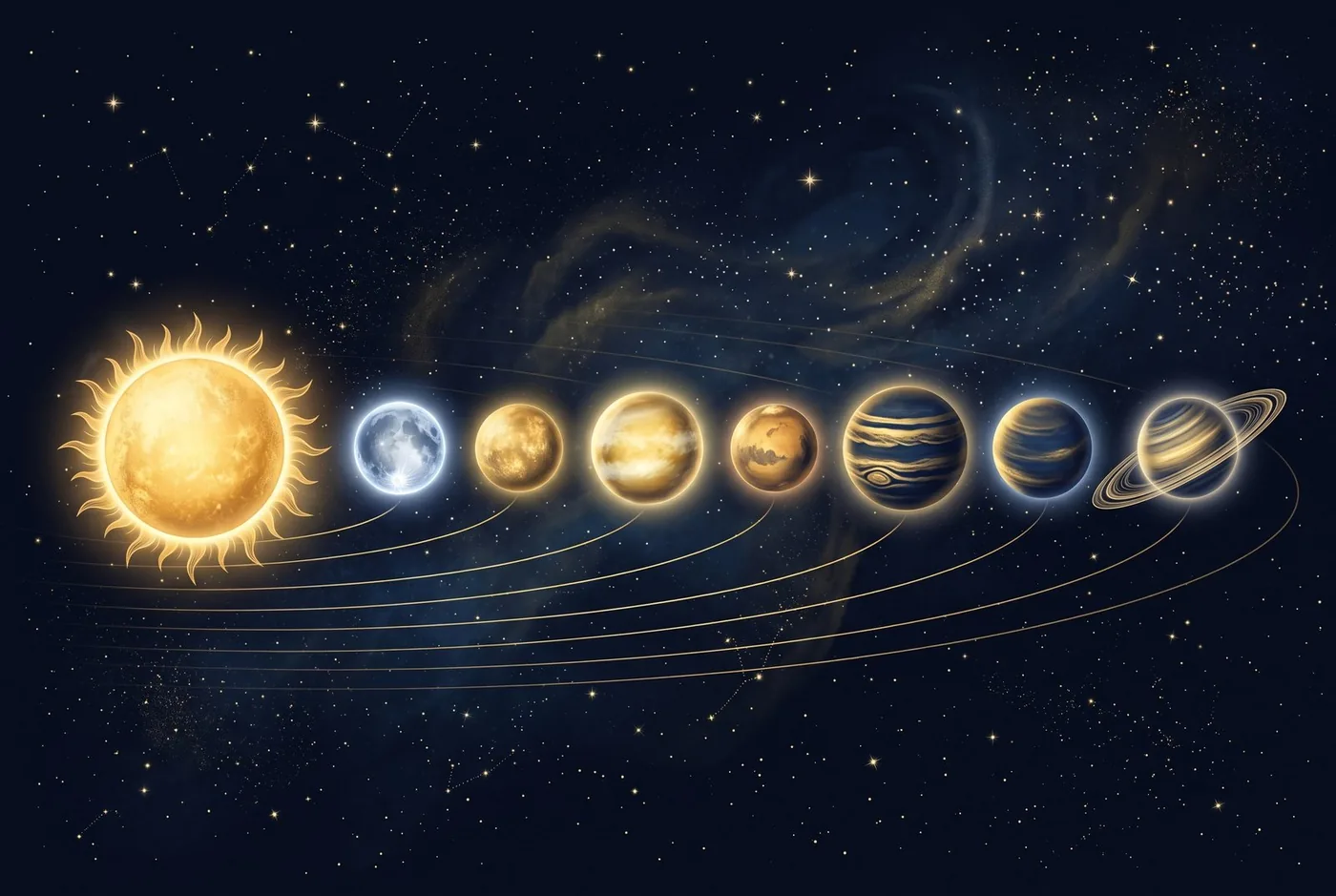 Planeten im Kosmogramm: Sonne, Mond und Planeten des Sonnensystems in goldenen Tönen