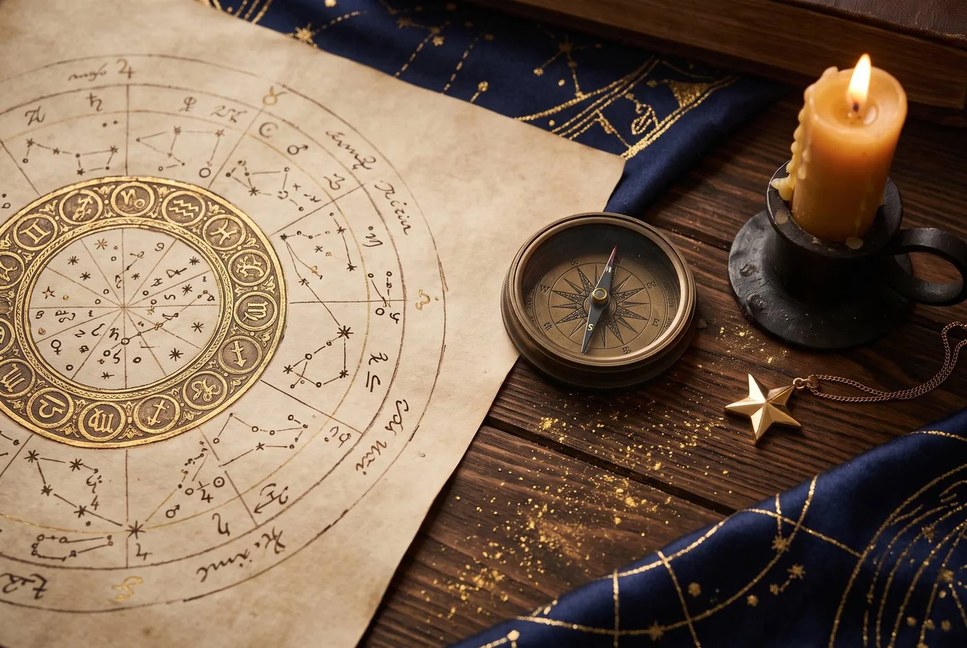 Wie man eine Kosmogramm erstellt: der Tisch des Astrologen mit einer Sternenkarte, einem Kompass und einer Kerze