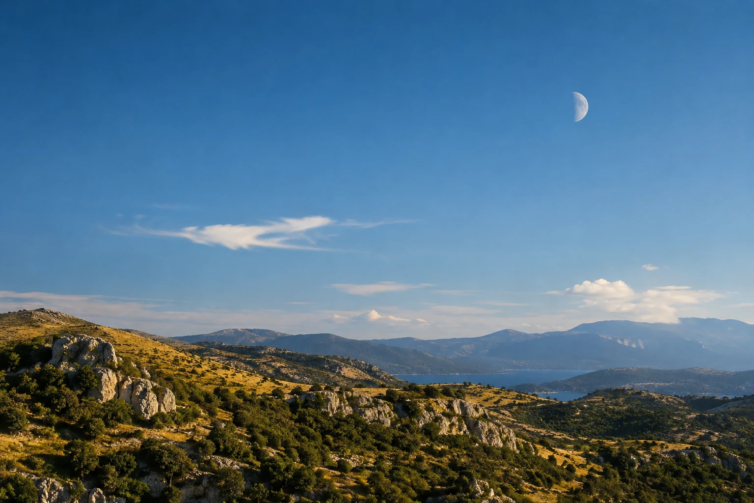 Луна видна над холмами в светлом дневном небе.